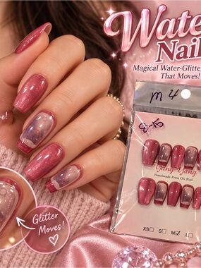 Water Press On Nails Medium Liquid Moving Glitter Accent Nails
